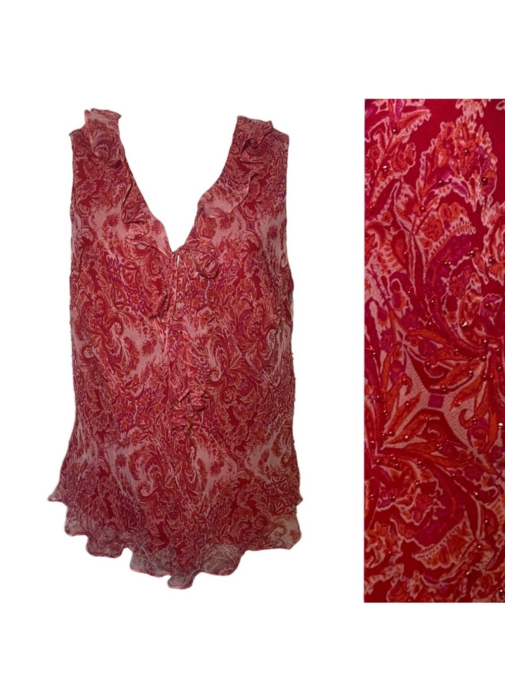 VINTAGE I.C.E Y2K RED BEADED PAISLEY PRINT TANK TOP